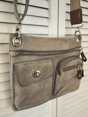 ROOTS Taupe Pebbled Leather Village Tribe Crossbody Bag